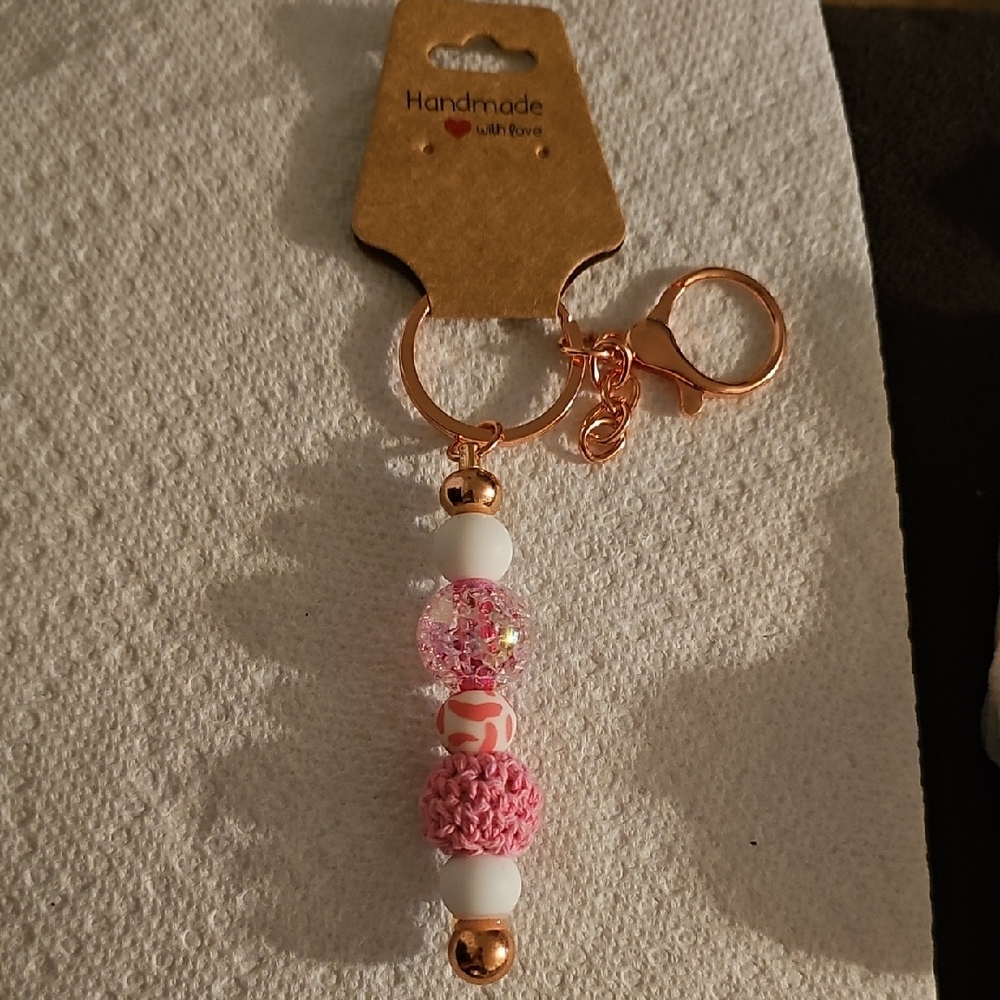 Handmade Pink and White Beaded Keyfinder Purse Keychain